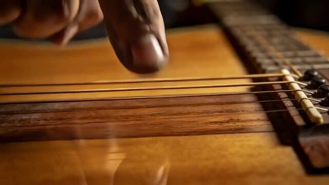 Plucking player's fingertip touching and dragging guitar strings near bridge in studio making sound