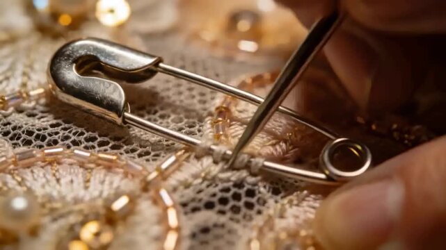 Lowering tool guiding hands tightening thread wraps on safety pin at bench, securing beaded lace