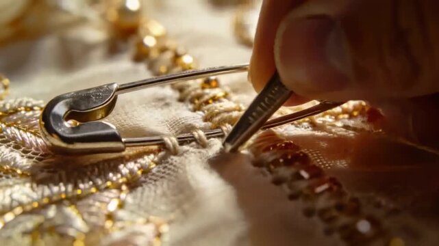 Entering artisan hand holding tweezers, picking thread near safety pin at bench, aligning gold trim