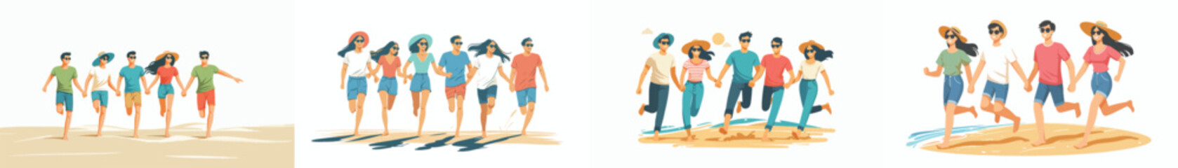 Fototapeta premium vector of happy friends running on the beach sand in summer