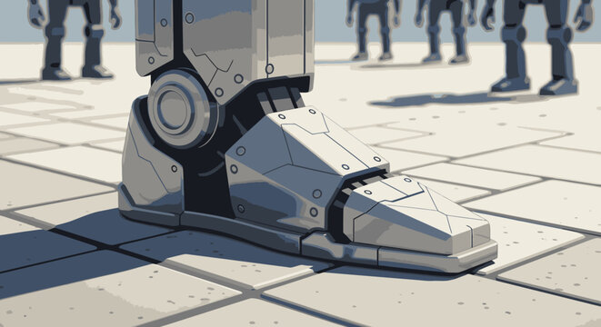 robot foot close-up with metallic body standing on tiles with people in background