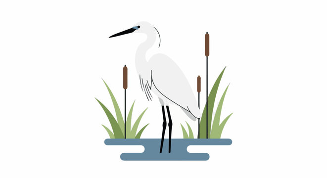 A graceful white egret stands in shallow water amidst reeds and cattails
