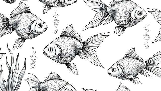 Detailed illustration of a school of goldfish swimming in clear water with bubbles and aquatic plants, presented as a seamless pattern