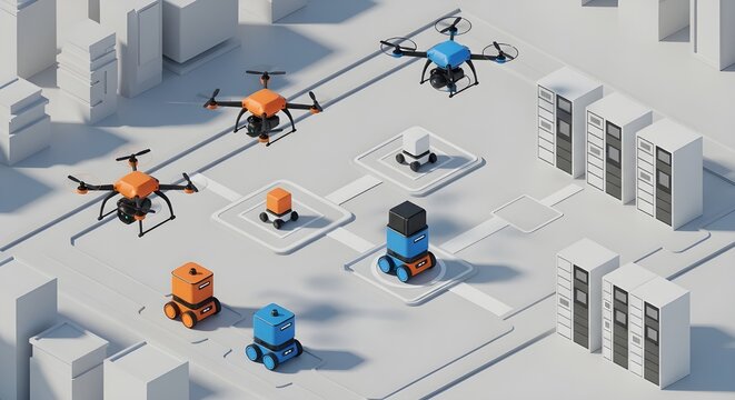 Clean 3D scene of autonomous delivery system: drones, small robots, and smart lockers arranged in a minimal city layout, soft shadows, neutral background, isometric perspective, vibrant accent colors