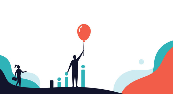 Silhouette of a person holds a red balloon while standing near rising bar charts, symbolizing growth and success in a creative business style.