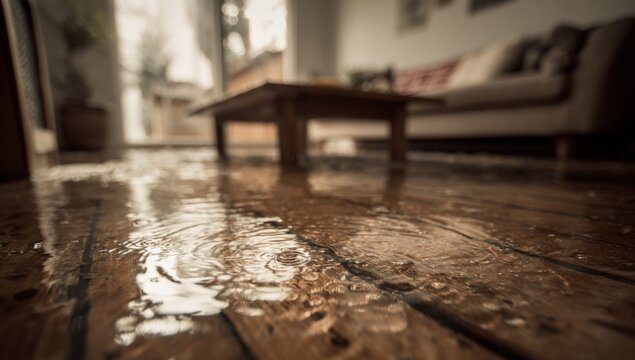 Water Damage on Wooden Floor in Living Room with Ripples.