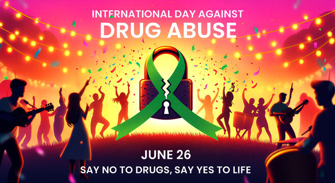 International day against drug abuse celebration with people dancing and awareness ribbon in vibrant event scene