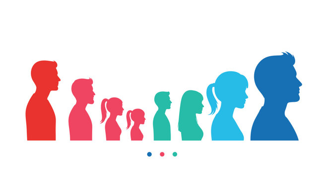 Diverse row of human profile silhouettes in various sizes and colors, from red to blue, represents growth, population, or community unity.