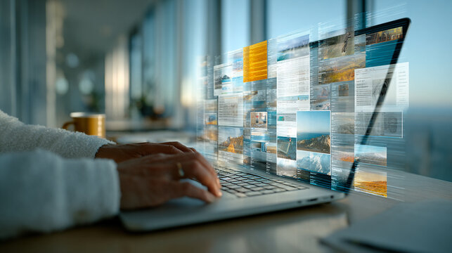 A photorealistic document management system concept of a professional organizing digital documents on a laptop displaying 