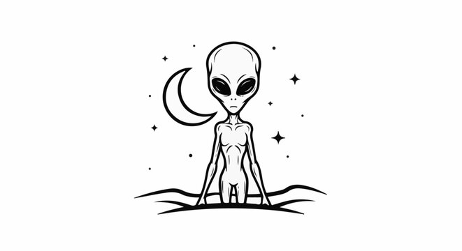 Mysterious alien emerges from water under crescent moon and starry sky