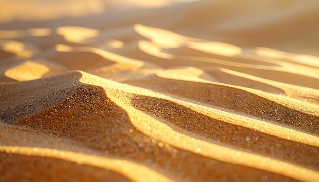 Golden desert sand dunes with smooth wind shaped patterns in warm sunlight close up background