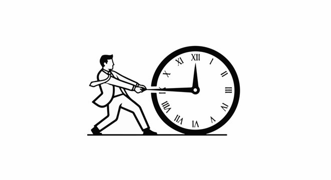 Man pulls clock hands against the flow of time