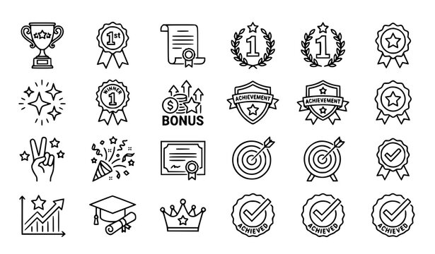 Awards bonuses and success milestone outline icon pack with trophy medal diploma and celebration symbols