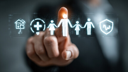 Obraz premium A photorealistic insurance technology concept of a business professional selecting family protection and financial coverage icons on a holographic interface 