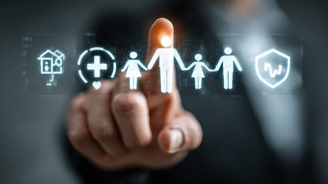 A photorealistic insurance technology concept of a business professional selecting family protection and financial coverage icons on a holographic interface 