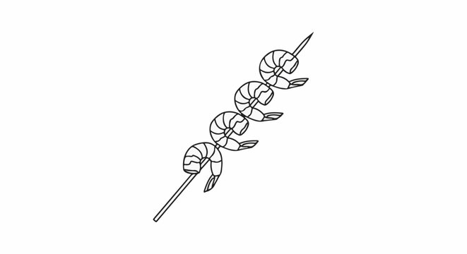 A simplified line drawing of four curled shrimp threaded onto a skewer