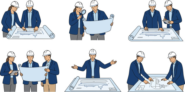 Diverse set of engineers and architects collaborating on construction plans depicted in a flat vector illustration style for project management and architectural design concepts isolated on white back