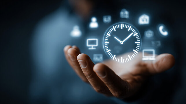 A premium 24/7 customer service concept of a business hand presenting glowing clock interface with support icons against dark  