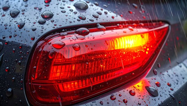 Red car tail light with rain droplets on wet metallic surface in dramatic night close up