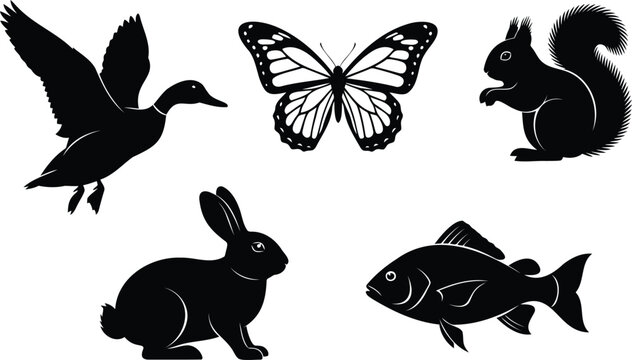 Wildlife animal silhouette set including duck butterfly squirrel rabbit and fish line art vector.