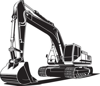 Excavator digging with extended arm in black and white Vector
