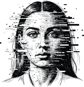 Hand drawn black and white portrait of a woman with a digital glitch effect and pixel distortion for technology and identity concepts.