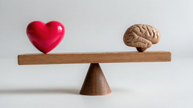 Heart and Brain Balanced on Wooden Scales Concept