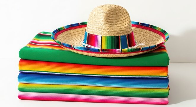 Sombrero hat on a stack of colorful serape blankets on a white background 