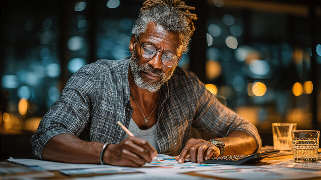 A realistic financial office scene of a businessman analyzing investment risk levels on a digital dashboard while using a calculator 