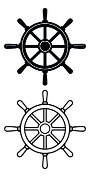 Line art and silhouette ship wheel set featuring marine steering helms for nautical design