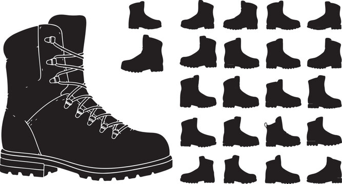 Hiking boots and outdoor footwear silhouette icons