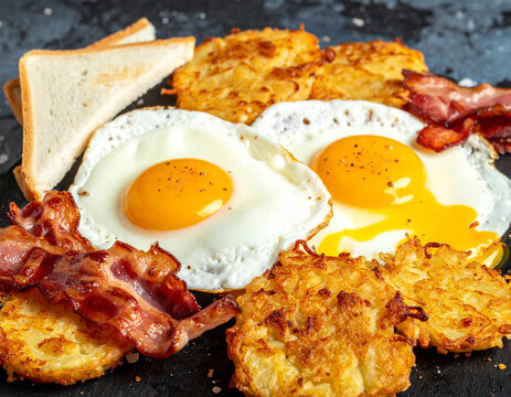 High-angle shot of a greasy breakfast platter featuring fried eggs, oily hash browns, crispy bacon, and white flour toast.