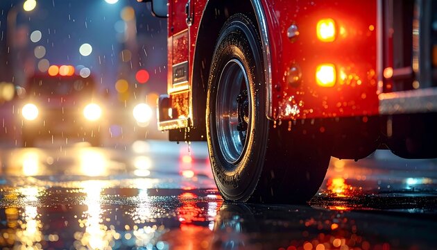 Close-up of red fire truck wheel on wet rainy night city street with glowing red lights and dramatic reflections on asphalt