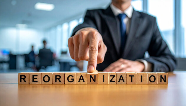 Reorganization - Geschäftsmann zeigt auf den Text "Reorganization"