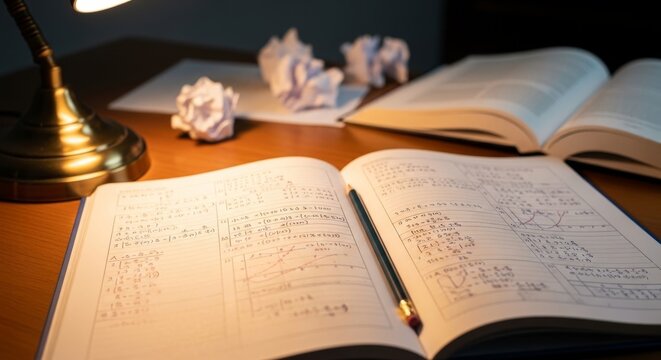 Open Math Workbook With Pencil and Crumpled Papers