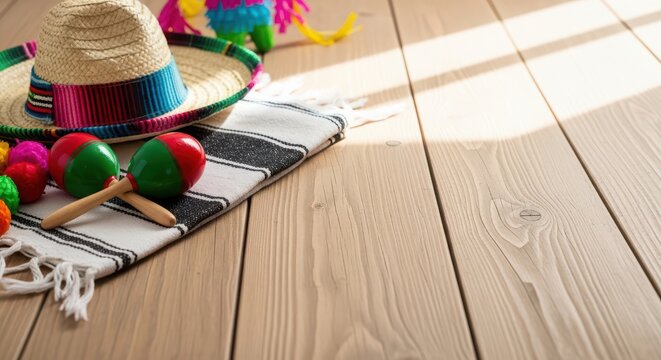 Mexican fiesta elements including a sombrero, maracas, and pinata on wooden planks straw
