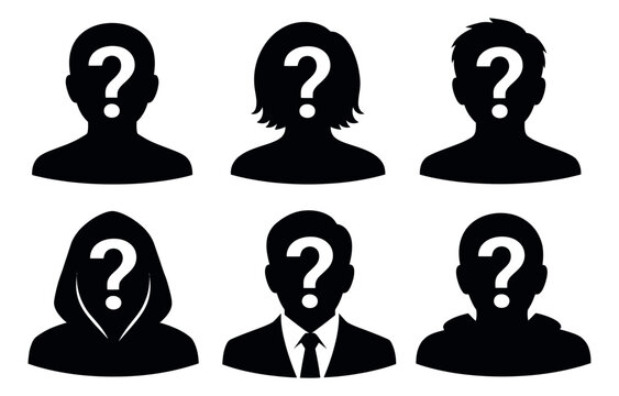Silhouette person icons set featuring question mark faces for unknown user profiles