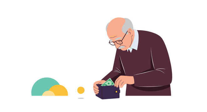 Senior man with glasses looking sadly into his empty wallet containing only one dollar bill representing financial struggle.