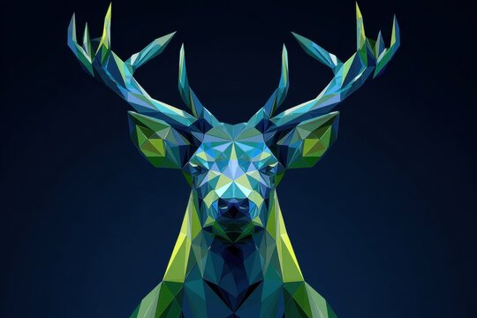 Stylized low-poly deer portrait with blue green facets