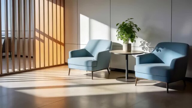 Streaming sun through slats at dawn casting shadows over lounge with blue armchairs by table plant