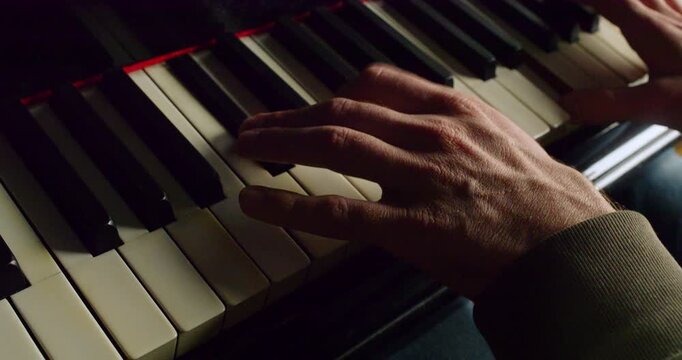 Slow Motion Close Up Of Hands Playing Piano Keys In Warm Light, Cinematic Music Performance And Emotional Classical Instrument Practice
