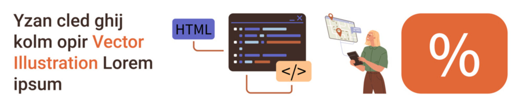 Web development, coding interface, responsive design, data analysis, digital tools, programming. Visual showing a code editor, HTML tags and a person with a tablet. Web development and coding