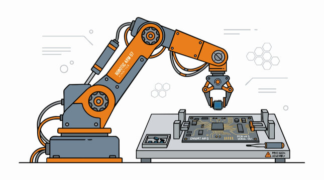 Robotic Arm in Precision: A modern robotic arm meticulously manipulates electronic components, illustrating automation and technological advancement in a cutting-edge industrial process.