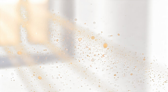 Golden sunbeams streaming through a window illuminating floating dust particles and bokeh light orbs in a dark indoor room setting