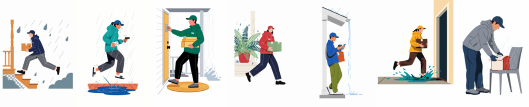 Set of illustrations depicting couriers delivering packages and letters in rainy weather, showing professional service and dedication despite difficult outdoor conditions.