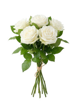 White roses bouquet with green leaves transparent background