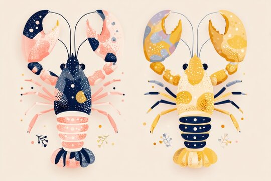 Two stylized crayfish with patterns on light background