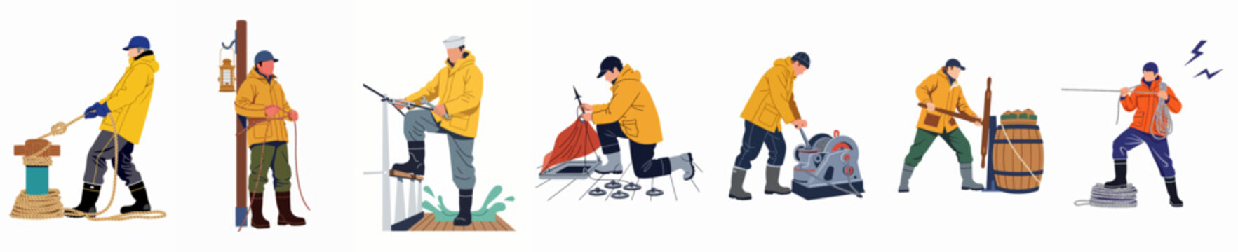 Flat vector illustrations of sailors and deckhands in yellow raincoats performing various maritime tasks and operations on a ship's deck against a white background.