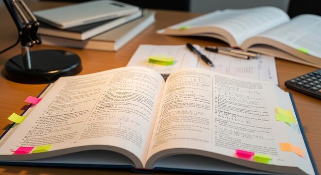 Open Algebra Textbook with Equations and Notes on Desk