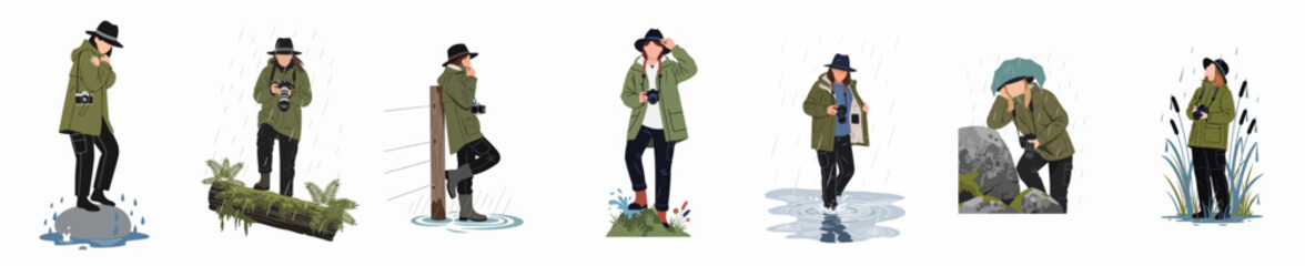 Set of illustrations featuring a female photographer in a green parka and hat, capturing nature in various rainy outdoor environments. © Yanto
